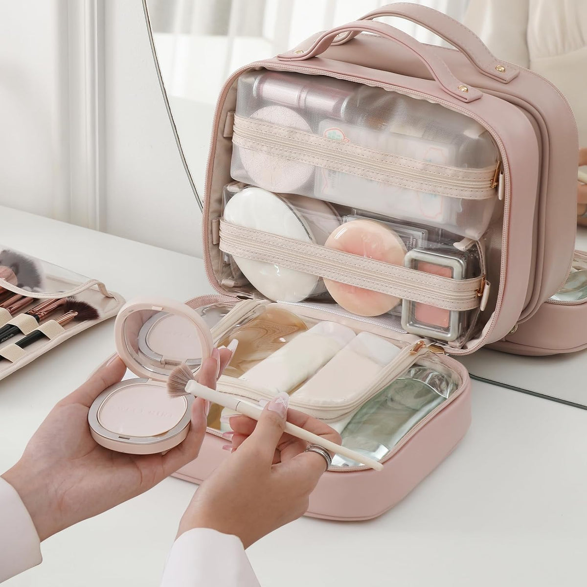 Travel Toiletry Bag for Women, Makeup Bag& Cases, Waterproof Makeup Organizer Cosmetic Bag with Compartments,Portable Make Up Bag for Travel Size Toiletries,Skincare,Brushes Set,Black