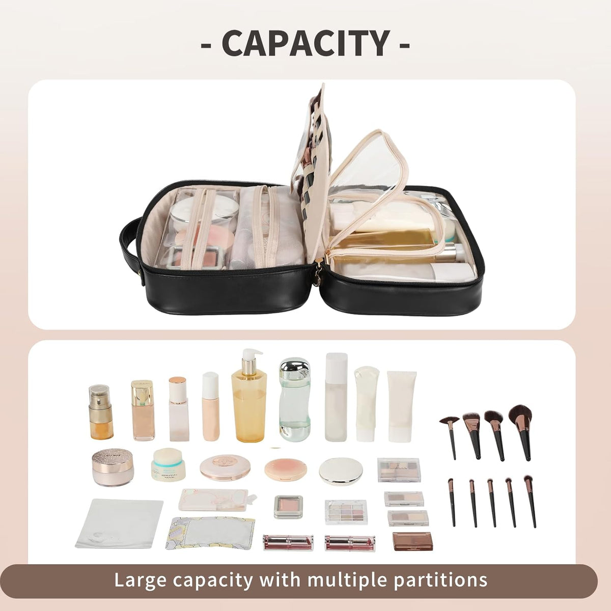 Travel Toiletry Bag for Women, Makeup Bag& Cases, Waterproof Makeup Organizer Cosmetic Bag with Compartments,Portable Make Up Bag for Travel Size Toiletries,Skincare,Brushes Set,Black