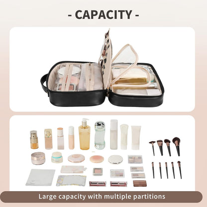 Travel Toiletry Bag for Women, Makeup Bag& Cases, Waterproof Makeup Organizer Cosmetic Bag with Compartments,Portable Make Up Bag for Travel Size Toiletries,Skincare,Brushes Set,Black