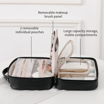 Travel Toiletry Bag for Women, Makeup Bag& Cases, Waterproof Makeup Organizer Cosmetic Bag with Compartments,Portable Make Up Bag for Travel Size Toiletries,Skincare,Brushes Set,Black