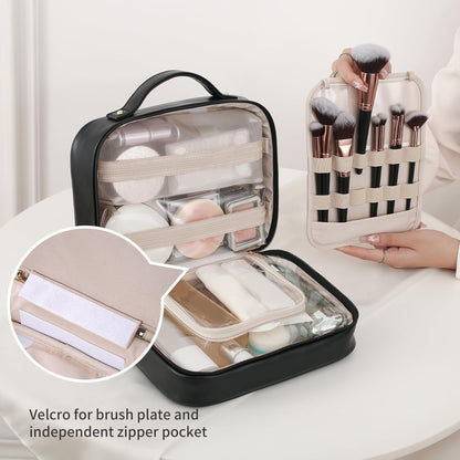 Travel Toiletry Bag for Women, Makeup Bag& Cases, Waterproof Makeup Organizer Cosmetic Bag with Compartments,Portable Make Up Bag for Travel Size Toiletries,Skincare,Brushes Set,Black