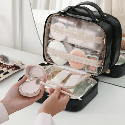 Travel Toiletry Bag for Women, Makeup Bag& Cases, Waterproof Makeup Organizer Cosmetic Bag with Compartments,Portable Make Up Bag for Travel Size Toiletries,Skincare,Brushes Set,Black