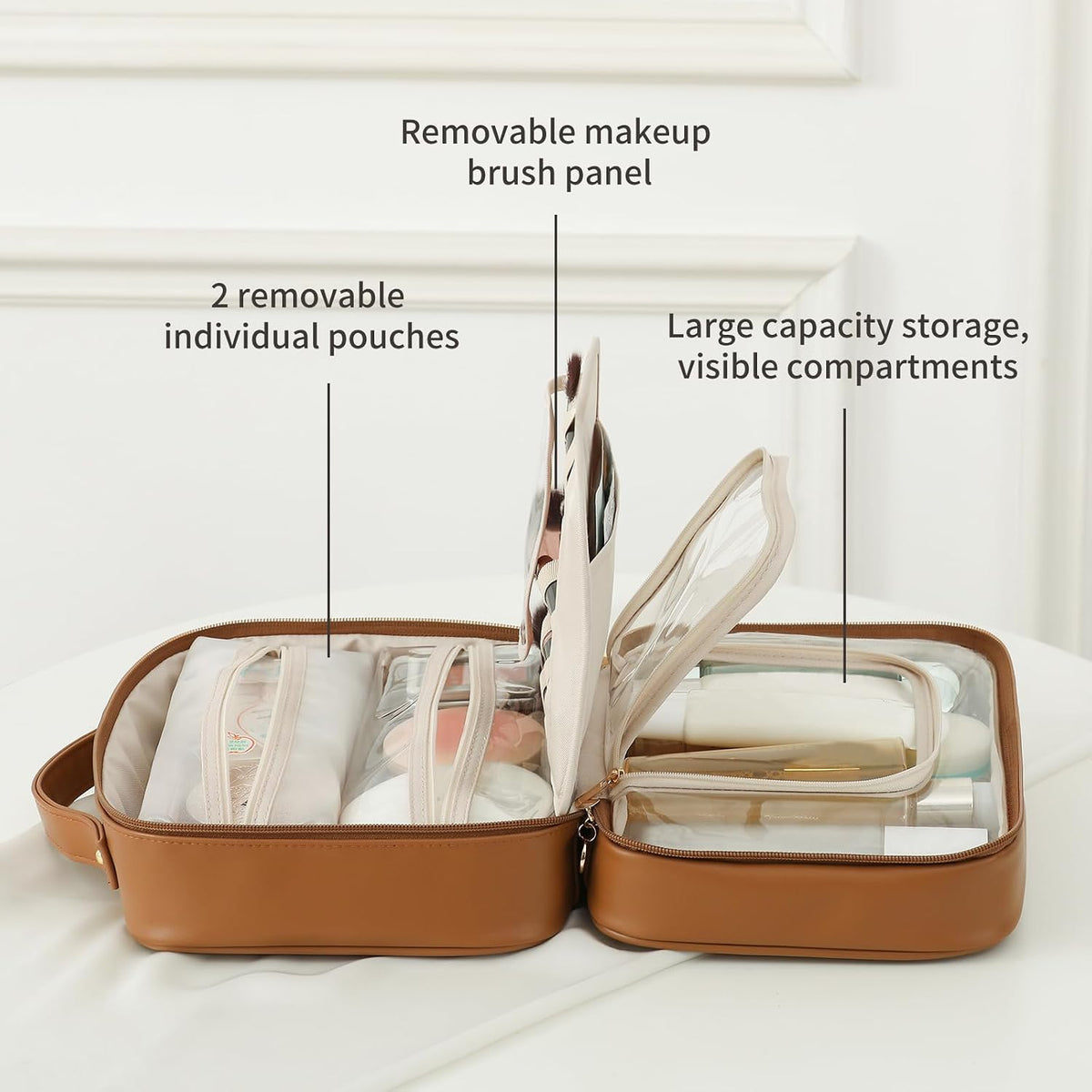 Travel Toiletry Bag for Women, Makeup Bag& Cases, Waterproof Makeup Organizer Cosmetic Bag with Compartments,Portable Make Up Bag for Travel Size Toiletries,Skincare,Brushes Set,Black