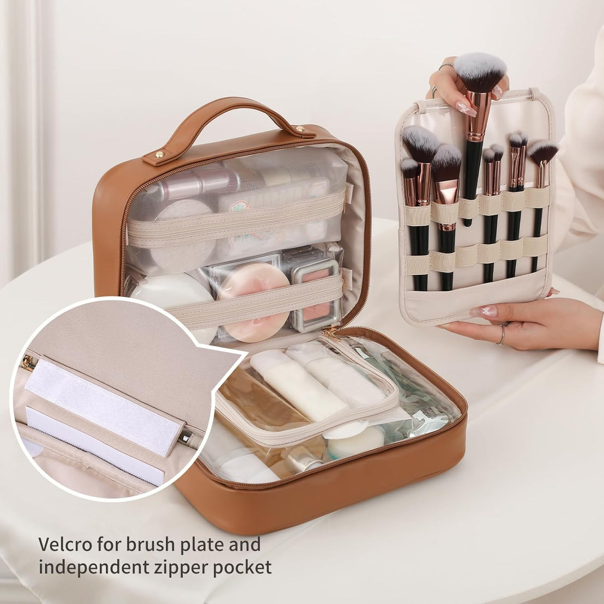 Travel Toiletry Bag for Women, Makeup Bag& Cases, Waterproof Makeup Organizer Cosmetic Bag with Compartments,Portable Make Up Bag for Travel Size Toiletries,Skincare,Brushes Set,Black