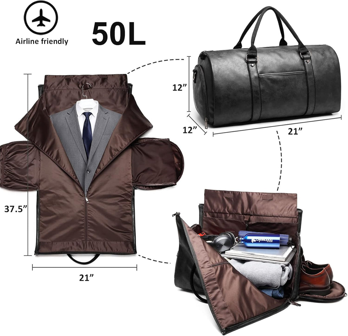 Carry on Garment Bags for Travel Leather Garment Duffle Bag Convertible Mens Suit Travel Bags with Shoe Compartment,Waterproof,Perfect for Business Travel/Husband Gifts (Brown)