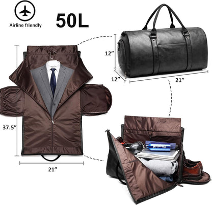 Carry on Garment Bags for Travel Leather Garment Duffle Bag Convertible Mens Suit Travel Bags with Shoe Compartment,Waterproof,Perfect for Business Travel/Husband Gifts (Brown)