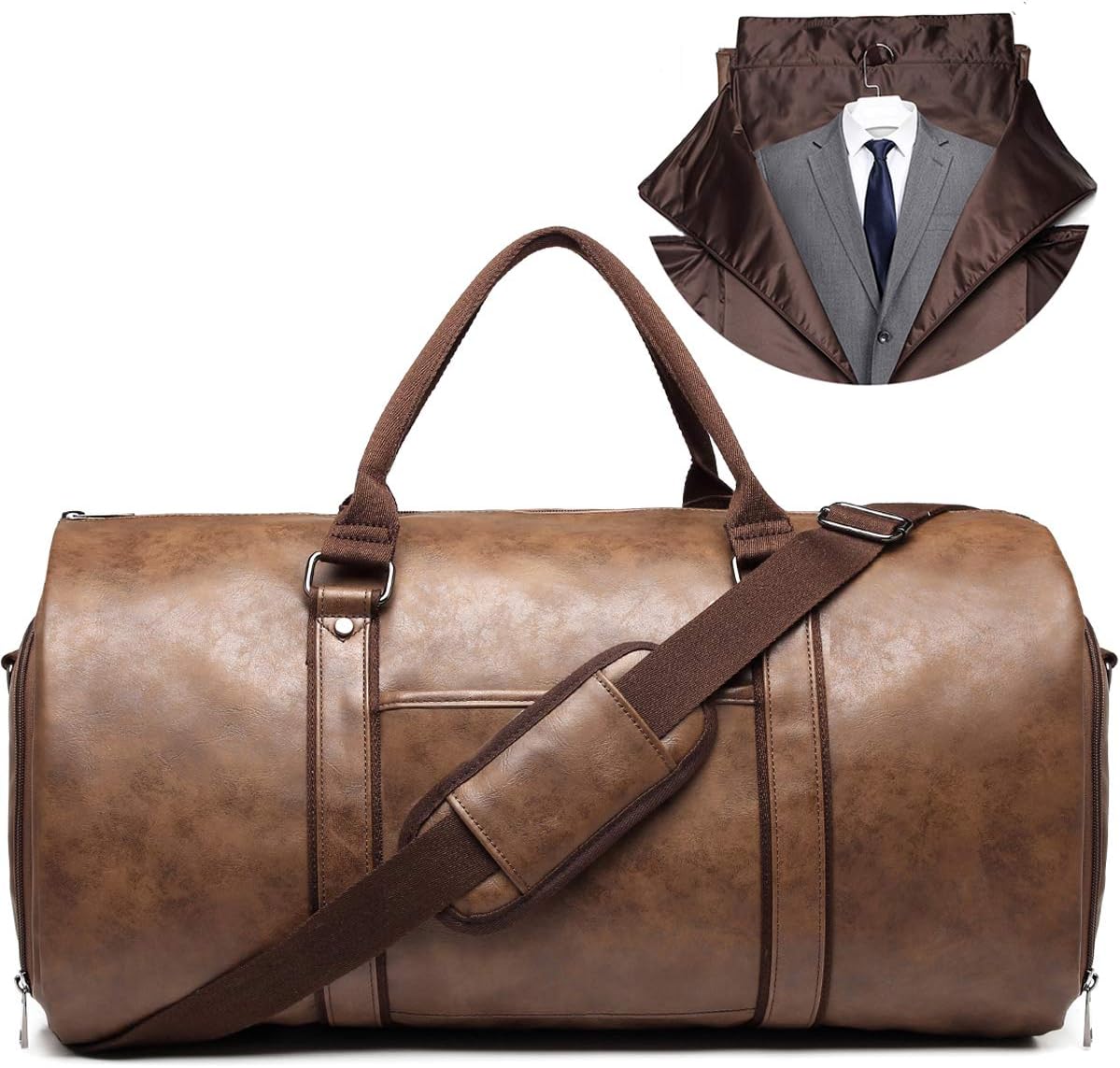 Carry on Garment Bags for Travel Leather Garment Duffle Bag Convertible Mens Suit Travel Bags with Shoe Compartment,Waterproof,Perfect for Business Travel/Husband Gifts (Brown)