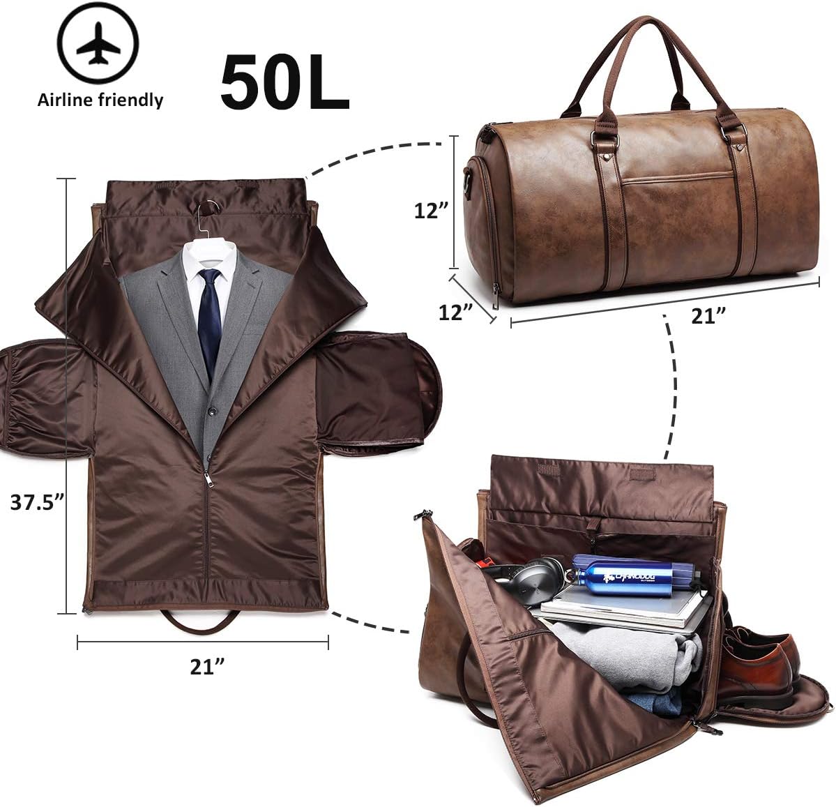 Carry on Garment Bags for Travel Leather Garment Duffle Bag Convertible Mens Suit Travel Bags with Shoe Compartment,Waterproof,Perfect for Business Travel/Husband Gifts (Brown)