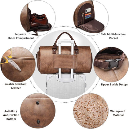 Carry on Garment Bags for Travel Leather Garment Duffle Bag Convertible Mens Suit Travel Bags with Shoe Compartment,Waterproof,Perfect for Business Travel/Husband Gifts (Brown)