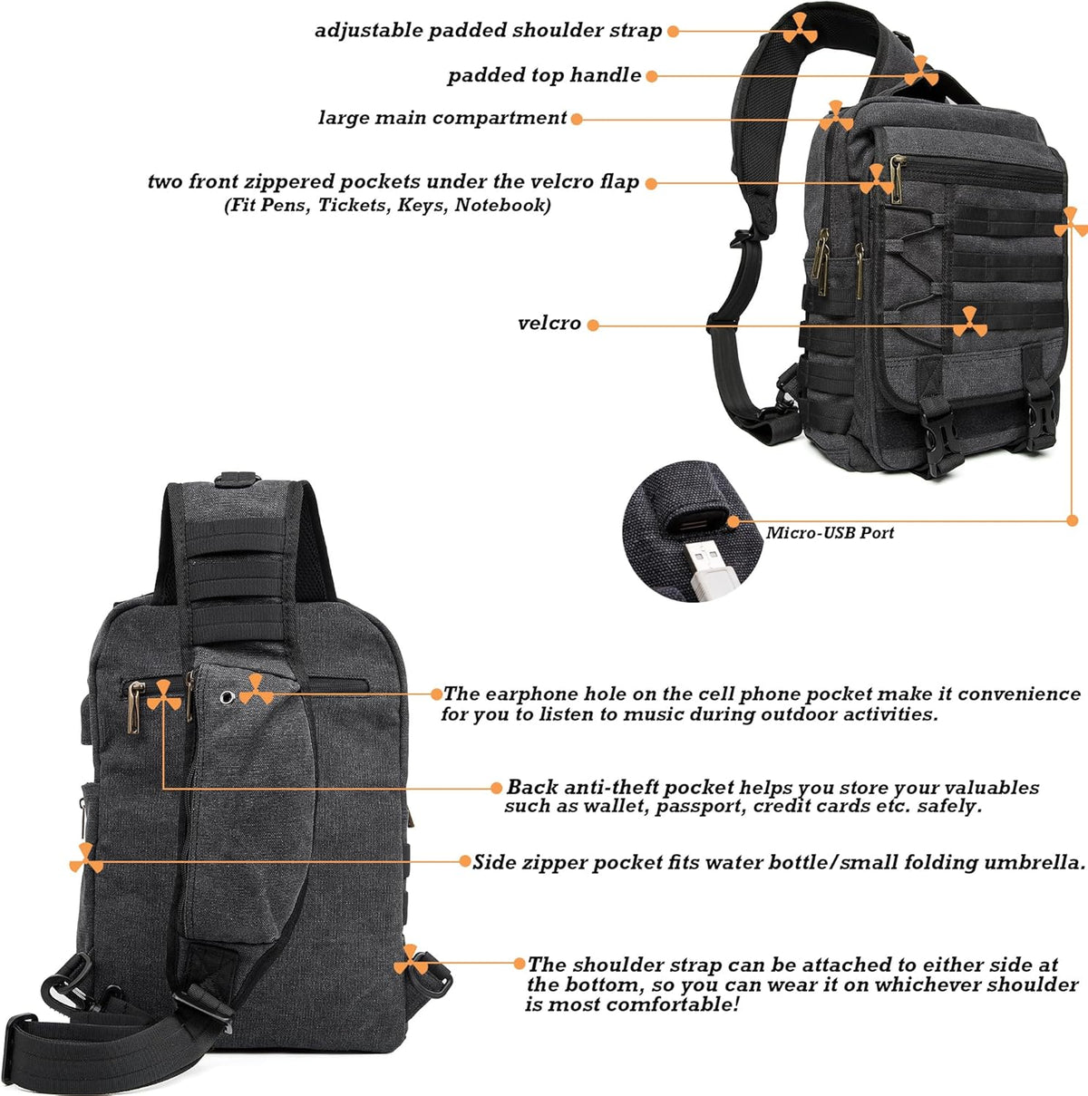 Sling Bags Chest Shoulder Backpacks, Laptop Backpack Crossbody Messenger Bag Travel Outdoor Men Women