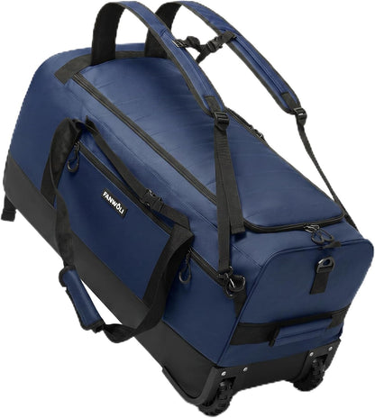 100L Rolling Duffel Bag with Wheels, Durable Travel Duffel Backpack with Hidden Straps & Waist Support, Waterproof Foldable Luggage for Outdoor, Airport & Camping, Men/Women (Blue)
