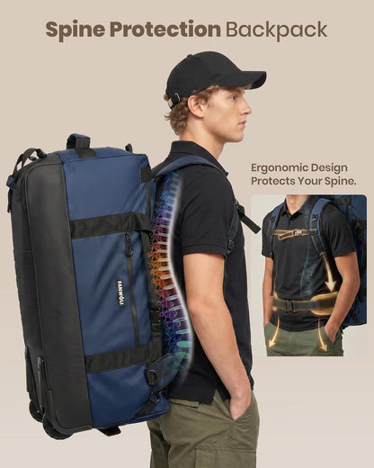 100L Rolling Duffel Bag with Wheels, Durable Travel Duffel Backpack with Hidden Straps & Waist Support, Waterproof Foldable Luggage for Outdoor, Airport & Camping, Men/Women (Blue)