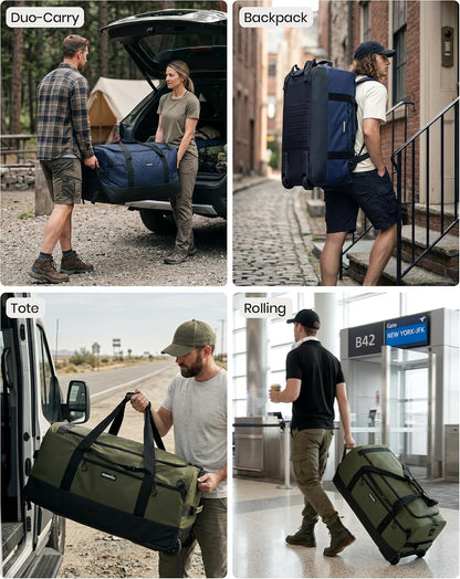 100L Rolling Duffel Bag with Wheels, Durable Travel Duffel Backpack with Hidden Straps & Waist Support, Waterproof Foldable Luggage for Outdoor, Airport & Camping, Men/Women (Blue)