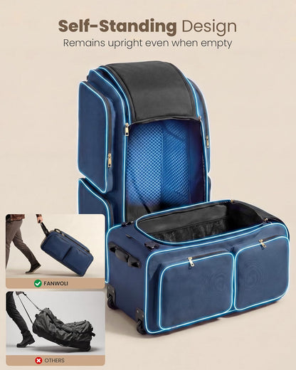 100L Rolling Duffel Bag with Wheels, Durable Travel Duffel Backpack with Hidden Straps & Waist Support, Waterproof Foldable Luggage for Outdoor, Airport & Camping, Men/Women (Blue)
