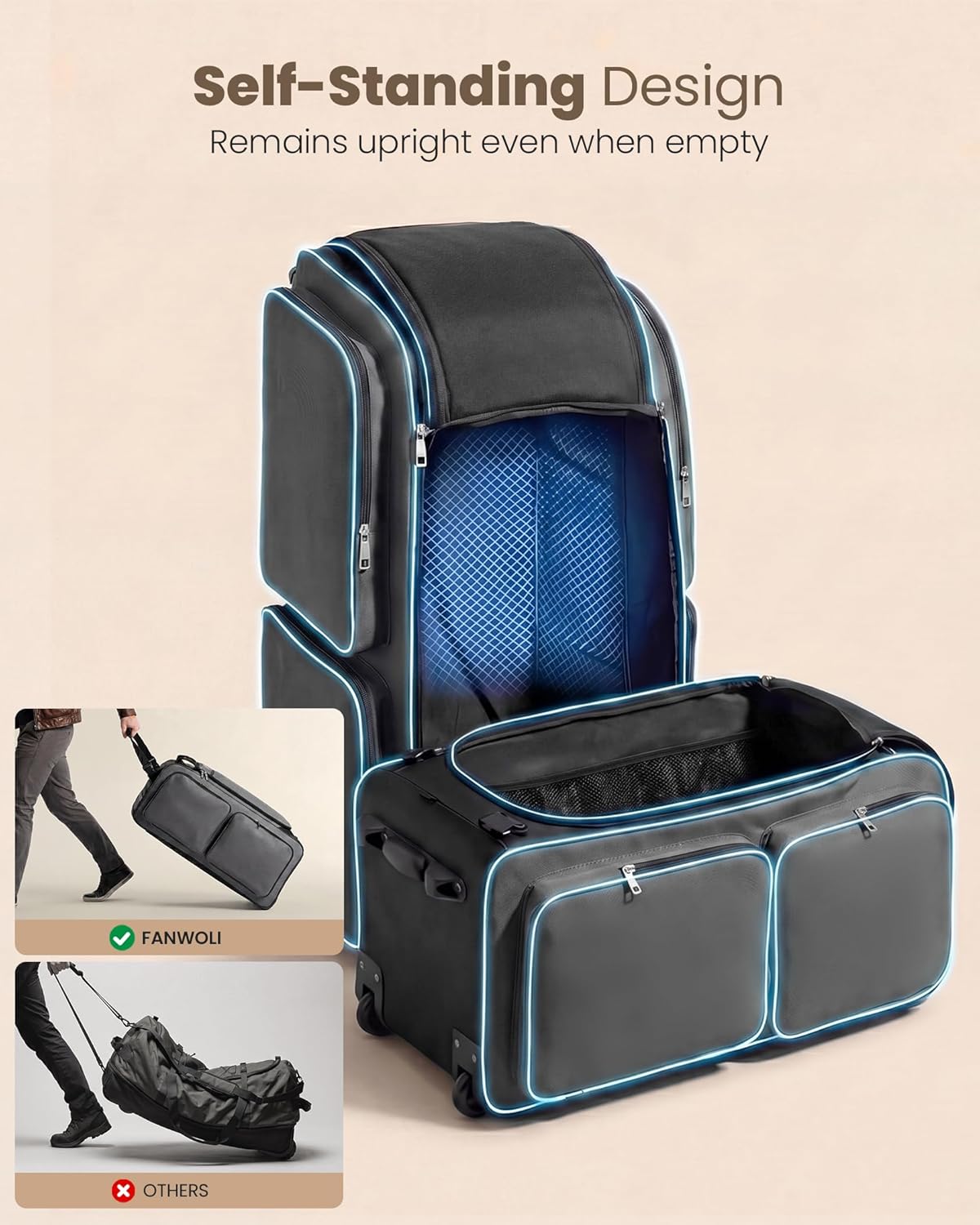 100L Rolling Duffel Bag with Wheels, Durable Travel Duffel Backpack with Hidden Straps & Waist Support, Waterproof Foldable Luggage for Outdoor, Airport & Camping, Men/Women (Blue)