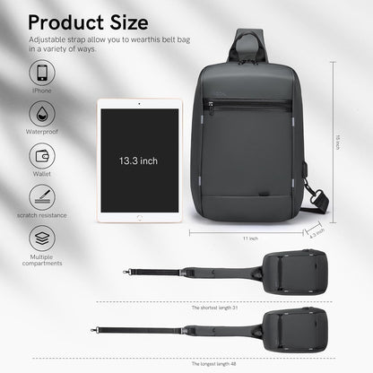 Laptop Sling Backpack Anti Theft Bag,Hiking Daypack 13 Inch Waterproof Nylon Travel Bags for Men, Single Shoulder Camping Dayback with USB Charging Port for Traveling
