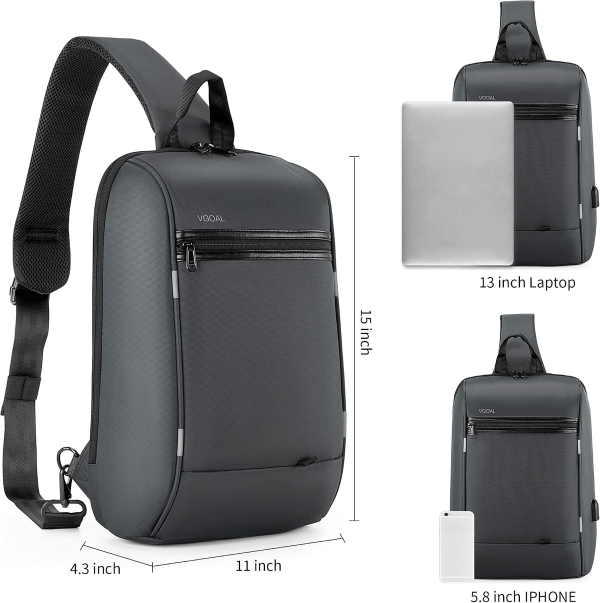 Laptop Sling Backpack Anti Theft Bag,Hiking Daypack 13 Inch Waterproof Nylon Travel Bags for Men, Single Shoulder Camping Dayback with USB Charging Port for Traveling
