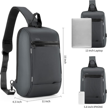 Laptop Sling Backpack Anti Theft Bag,Hiking Daypack 13 Inch Waterproof Nylon Travel Bags for Men, Single Shoulder Camping Dayback with USB Charging Port for Traveling