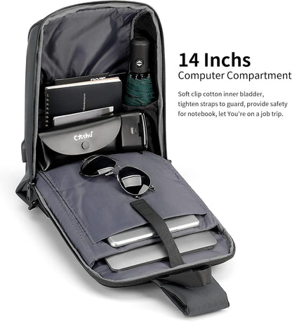 Laptop Sling Backpack Anti Theft Bag,Hiking Daypack 13 Inch Waterproof Nylon Travel Bags for Men, Single Shoulder Camping Dayback with USB Charging Port for Traveling