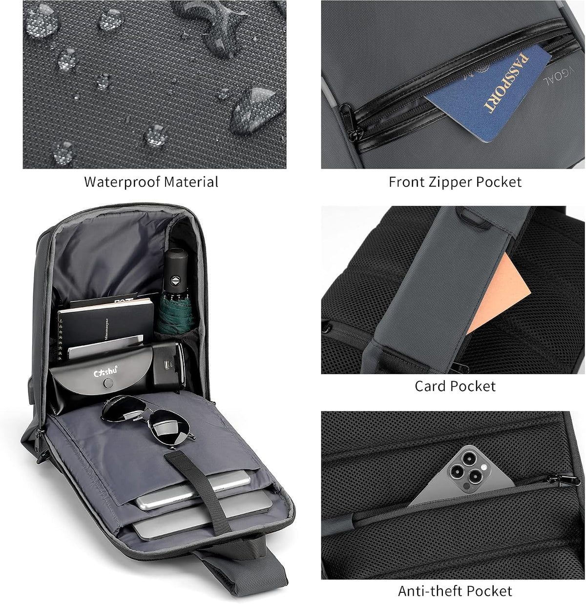 Laptop Sling Backpack Anti Theft Bag,Hiking Daypack 13 Inch Waterproof Nylon Travel Bags for Men, Single Shoulder Camping Dayback with USB Charging Port for Traveling