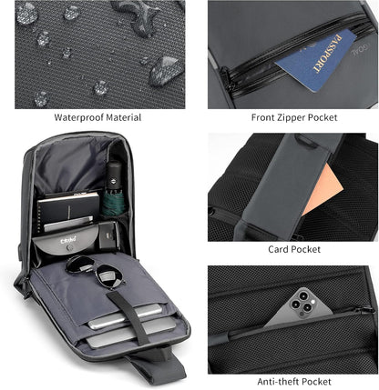 Laptop Sling Backpack Anti Theft Bag,Hiking Daypack 13 Inch Waterproof Nylon Travel Bags for Men, Single Shoulder Camping Dayback with USB Charging Port for Traveling