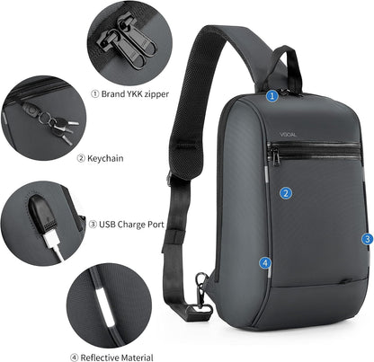 Laptop Sling Backpack Anti Theft Bag,Hiking Daypack 13 Inch Waterproof Nylon Travel Bags for Men, Single Shoulder Camping Dayback with USB Charging Port for Traveling