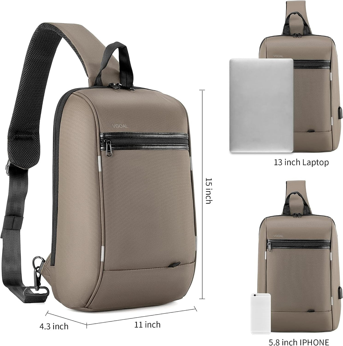 Laptop Sling Backpack Anti Theft Bag,Hiking Daypack 13 Inch Waterproof Nylon Travel Bags for Men, Single Shoulder Camping Dayback with USB Charging Port for Traveling