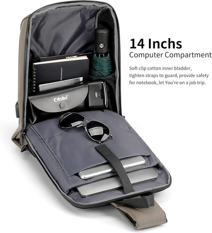 Laptop Sling Backpack Anti Theft Bag,Hiking Daypack 13 Inch Waterproof Nylon Travel Bags for Men, Single Shoulder Camping Dayback with USB Charging Port for Traveling