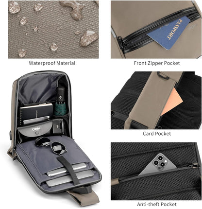 Laptop Sling Backpack Anti Theft Bag,Hiking Daypack 13 Inch Waterproof Nylon Travel Bags for Men, Single Shoulder Camping Dayback with USB Charging Port for Traveling