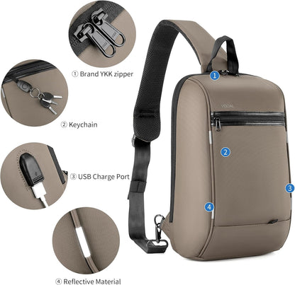 Laptop Sling Backpack Anti Theft Bag,Hiking Daypack 13 Inch Waterproof Nylon Travel Bags for Men, Single Shoulder Camping Dayback with USB Charging Port for Traveling