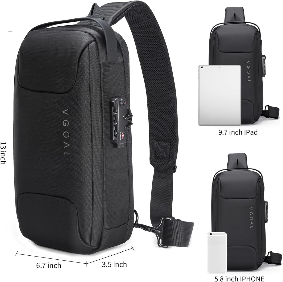 Laptop Sling Backpack Anti Theft Bag,Hiking Daypack 13 Inch Waterproof Nylon Travel Bags for Men, Single Shoulder Camping Dayback with USB Charging Port for Traveling