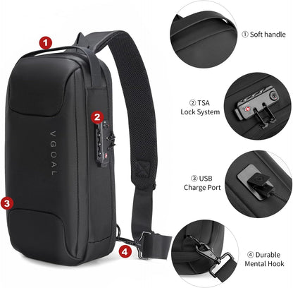 Laptop Sling Backpack Anti Theft Bag,Hiking Daypack 13 Inch Waterproof Nylon Travel Bags for Men, Single Shoulder Camping Dayback with USB Charging Port for Traveling