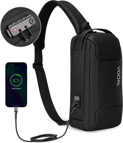Laptop Sling Backpack Anti Theft Bag,Hiking Daypack 13 Inch Waterproof Nylon Travel Bags for Men, Single Shoulder Camping Dayback with USB Charging Port for Traveling