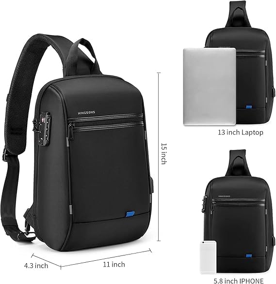 Laptop Sling Backpack Anti Theft Bag,Hiking Daypack 13 Inch Waterproof Nylon Travel Bags for Men, Single Shoulder Camping Dayback with USB Charging Port for Traveling