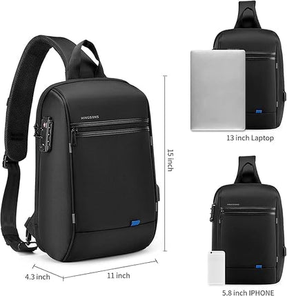 Laptop Sling Backpack Anti Theft Bag,Hiking Daypack 13 Inch Waterproof Nylon Travel Bags for Men, Single Shoulder Camping Dayback with USB Charging Port for Traveling