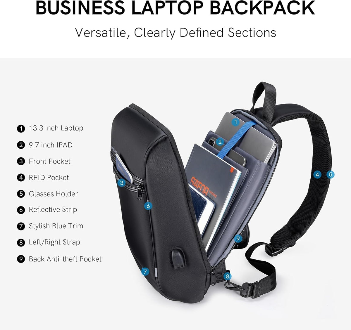 Laptop Sling Backpack Anti Theft Bag,Hiking Daypack 13 Inch Waterproof Nylon Travel Bags for Men, Single Shoulder Camping Dayback with USB Charging Port for Traveling