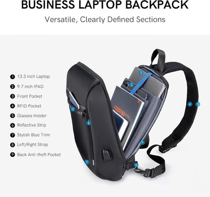 Laptop Sling Backpack Anti Theft Bag,Hiking Daypack 13 Inch Waterproof Nylon Travel Bags for Men, Single Shoulder Camping Dayback with USB Charging Port for Traveling