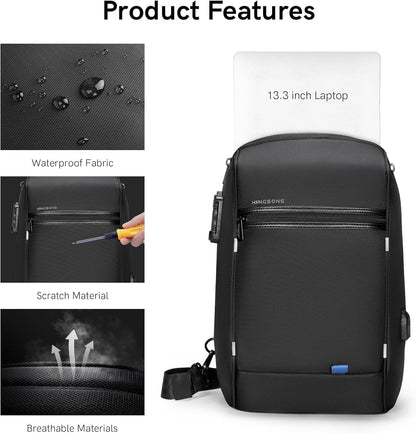 Laptop Sling Backpack Anti Theft Bag,Hiking Daypack 13 Inch Waterproof Nylon Travel Bags for Men, Single Shoulder Camping Dayback with USB Charging Port for Traveling