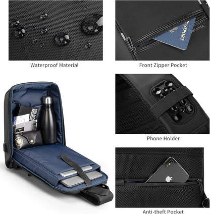 Laptop Sling Backpack Anti Theft Bag,Hiking Daypack 13 Inch Waterproof Nylon Travel Bags for Men, Single Shoulder Camping Dayback with USB Charging Port for Traveling