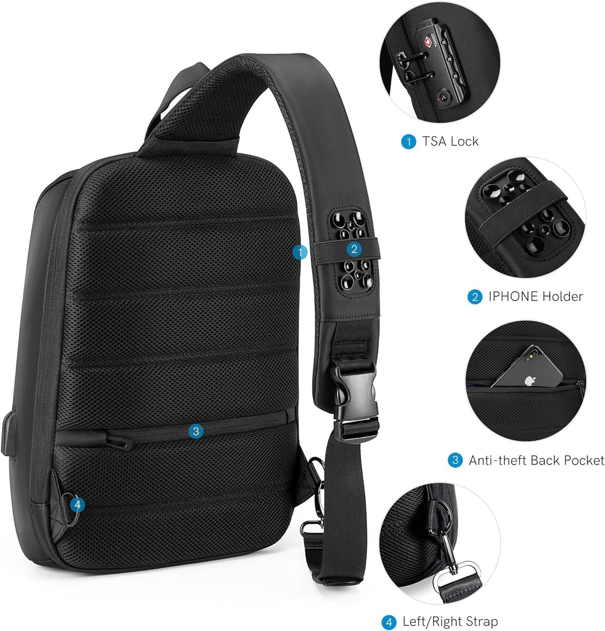 Laptop Sling Backpack Anti Theft Bag,Hiking Daypack 13 Inch Waterproof Nylon Travel Bags for Men, Single Shoulder Camping Dayback with USB Charging Port for Traveling