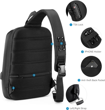 Laptop Sling Backpack Anti Theft Bag,Hiking Daypack 13 Inch Waterproof Nylon Travel Bags for Men, Single Shoulder Camping Dayback with USB Charging Port for Traveling