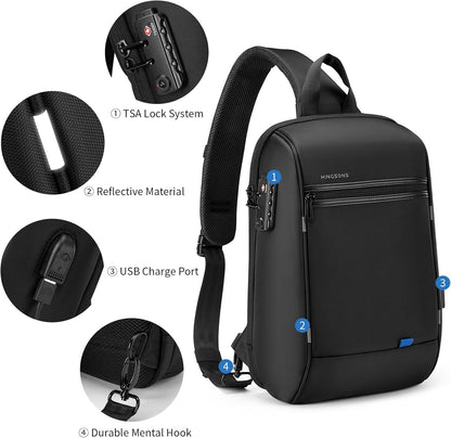 Laptop Sling Backpack Anti Theft Bag,Hiking Daypack 13 Inch Waterproof Nylon Travel Bags for Men, Single Shoulder Camping Dayback with USB Charging Port for Traveling