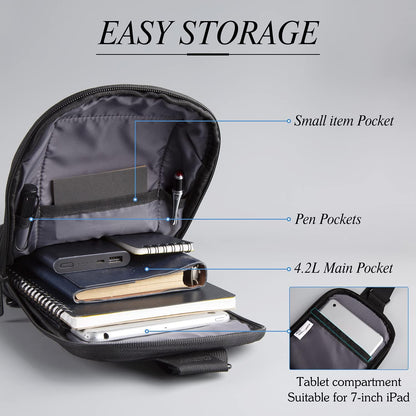 Laptop Sling Backpack Anti Theft Bag,Hiking Daypack 13 Inch Waterproof Nylon Travel Bags for Men, Single Shoulder Camping Dayback with USB Charging Port for Traveling