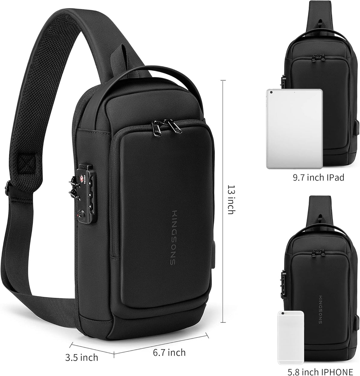 Laptop Sling Backpack Anti Theft Bag,Hiking Daypack 13 Inch Waterproof Nylon Travel Bags for Men, Single Shoulder Camping Dayback with USB Charging Port for Traveling