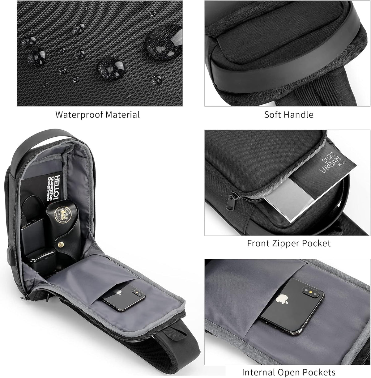 Laptop Sling Backpack Anti Theft Bag,Hiking Daypack 13 Inch Waterproof Nylon Travel Bags for Men, Single Shoulder Camping Dayback with USB Charging Port for Traveling