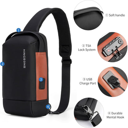 Laptop Sling Backpack Anti Theft Bag,Hiking Daypack 13 Inch Waterproof Nylon Travel Bags for Men, Single Shoulder Camping Dayback with USB Charging Port for Traveling