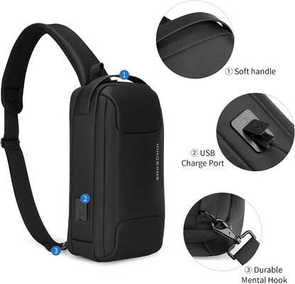 Laptop Sling Backpack Anti Theft Bag,Hiking Daypack 13 Inch Waterproof Nylon Travel Bags for Men, Single Shoulder Camping Dayback with USB Charging Port for Traveling