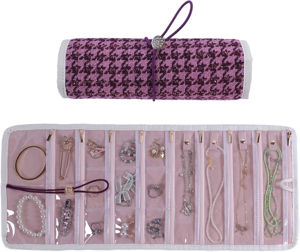 Travel Jewelry Organizer Roll with Zippered Pockets,Hangable | Tangle-Free Portable Jewelry Storage Bag for Women | Holder for Necklaces, Earrings, Rings, Bracelets,Bangles