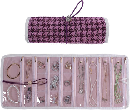Travel Jewelry Organizer Roll with Zippered Pockets,Hangable | Tangle-Free Portable Jewelry Storage Bag for Women | Holder for Necklaces, Earrings, Rings, Bracelets,Bangles