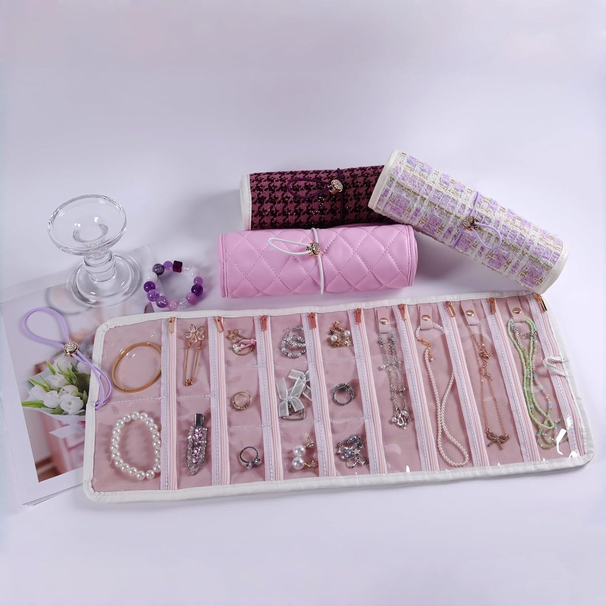 Travel Jewelry Organizer Roll with Zippered Pockets,Hangable | Tangle-Free Portable Jewelry Storage Bag for Women | Holder for Necklaces, Earrings, Rings, Bracelets,Bangles